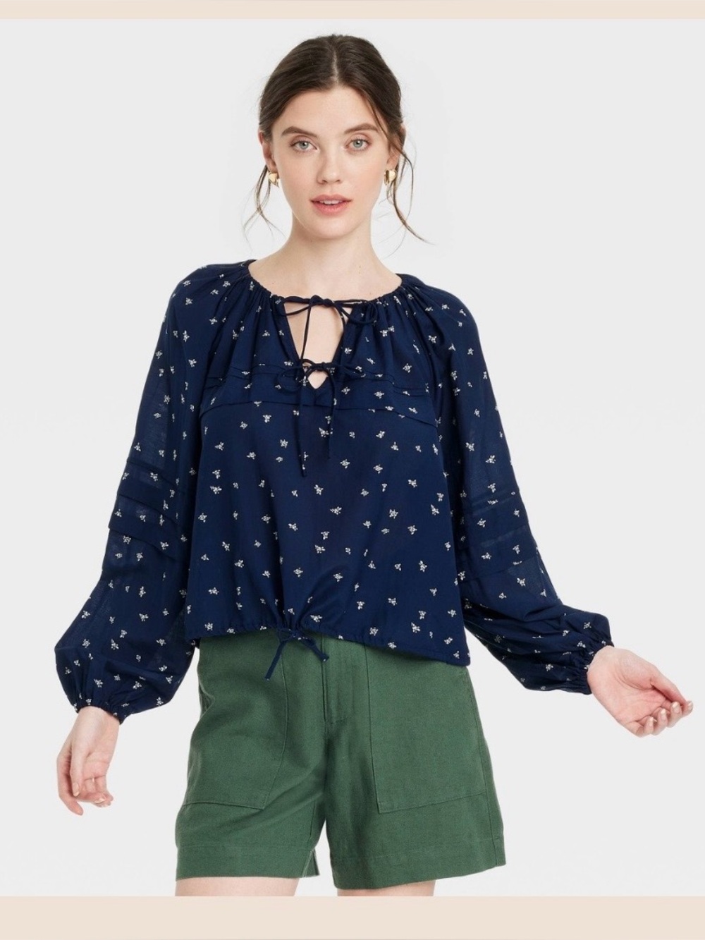 Universal Thread Navy Blue Balloon Sleeve Peasant Blouse Top Double Tie Cotton L